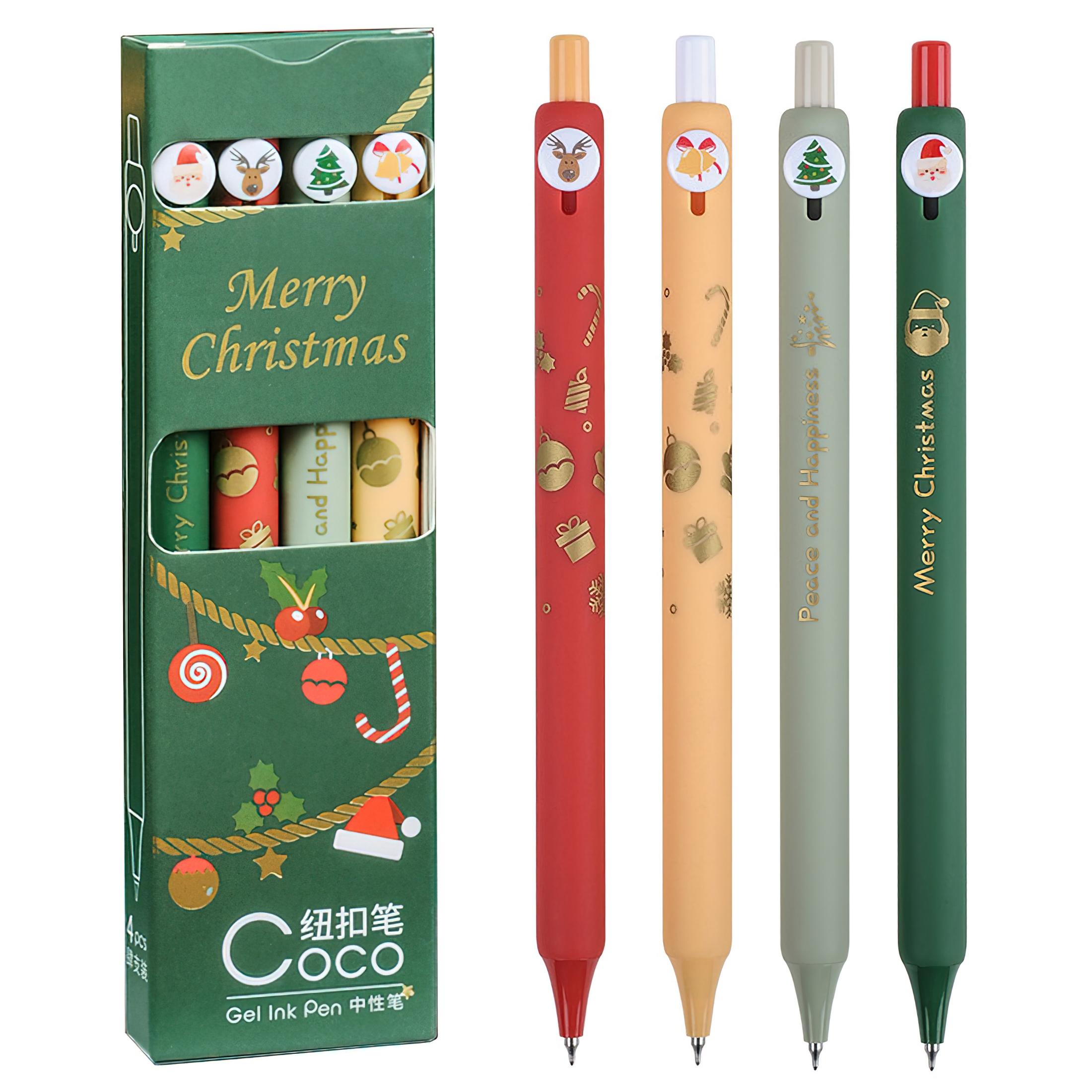 

4pcs Christmas Button Pens Retractable Xmas Print Gel Pens Santa Claus Reindeer Jingle Bell Pen for Writing Gift
