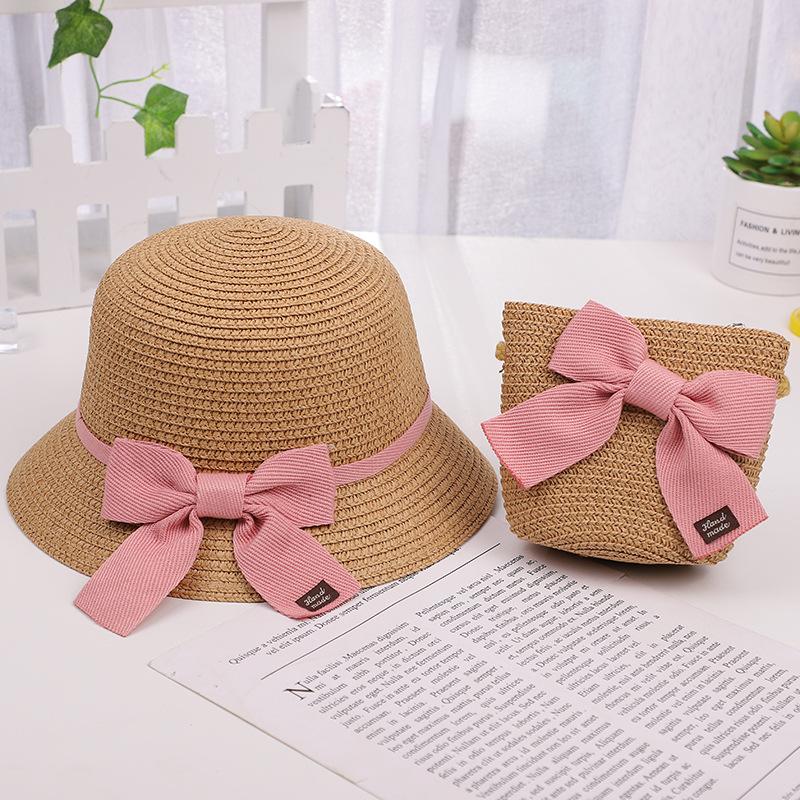 Children's Sun Hat Girls Sun Hat Summer Straw Hat Small Bag Set Princess Beach Summer Sun Protection Bucket Hat