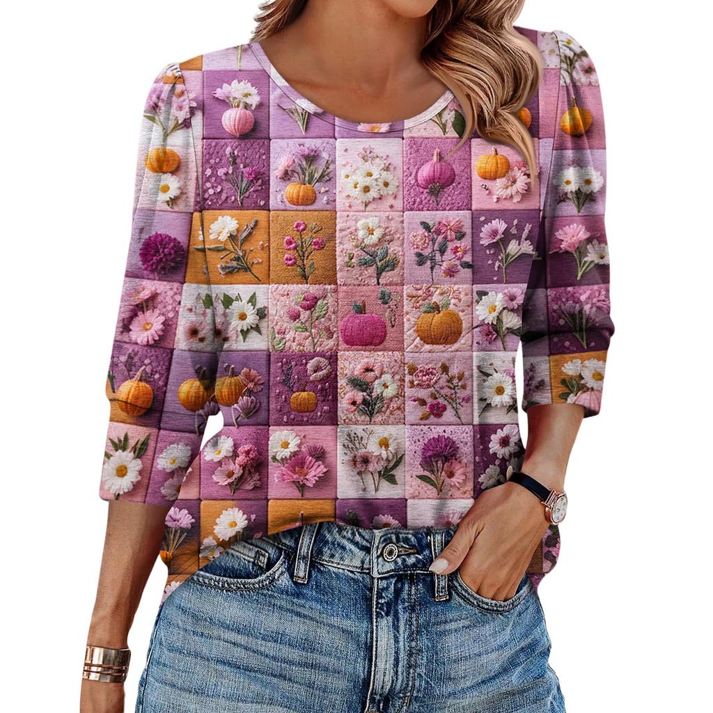 Women's Fashionable Casual Round Neck Seven Quarter Sleeve Halloween Printed Bubble Sleeve Top
