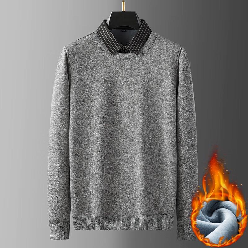 Men's Plus Size Fleece-Lined Faux Two-Piece Lapel Knit Shirt