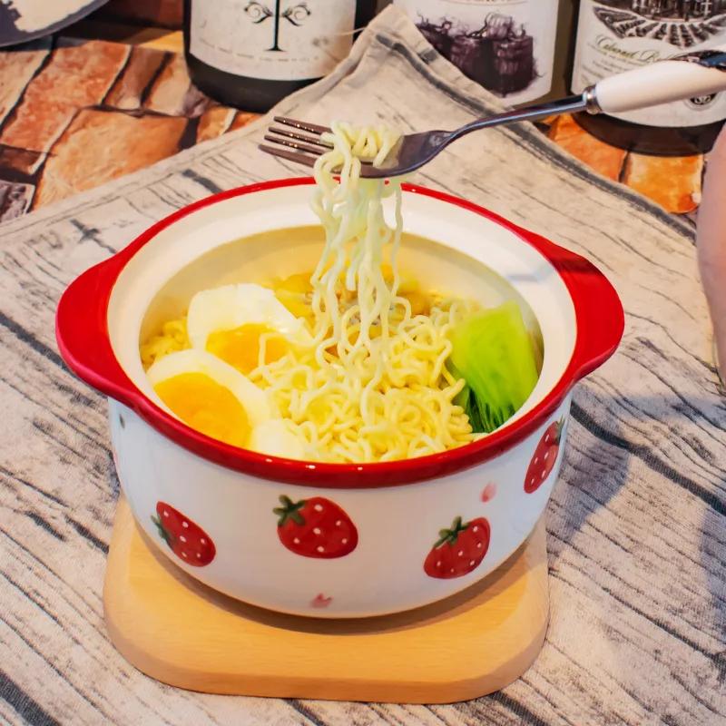 Kawaii Ceramics Strawberry Peach Ramen Bowl With Lid Cute Kitchen Large Instant Noodles Fruit Salad Rice Soup Bowl Tableware