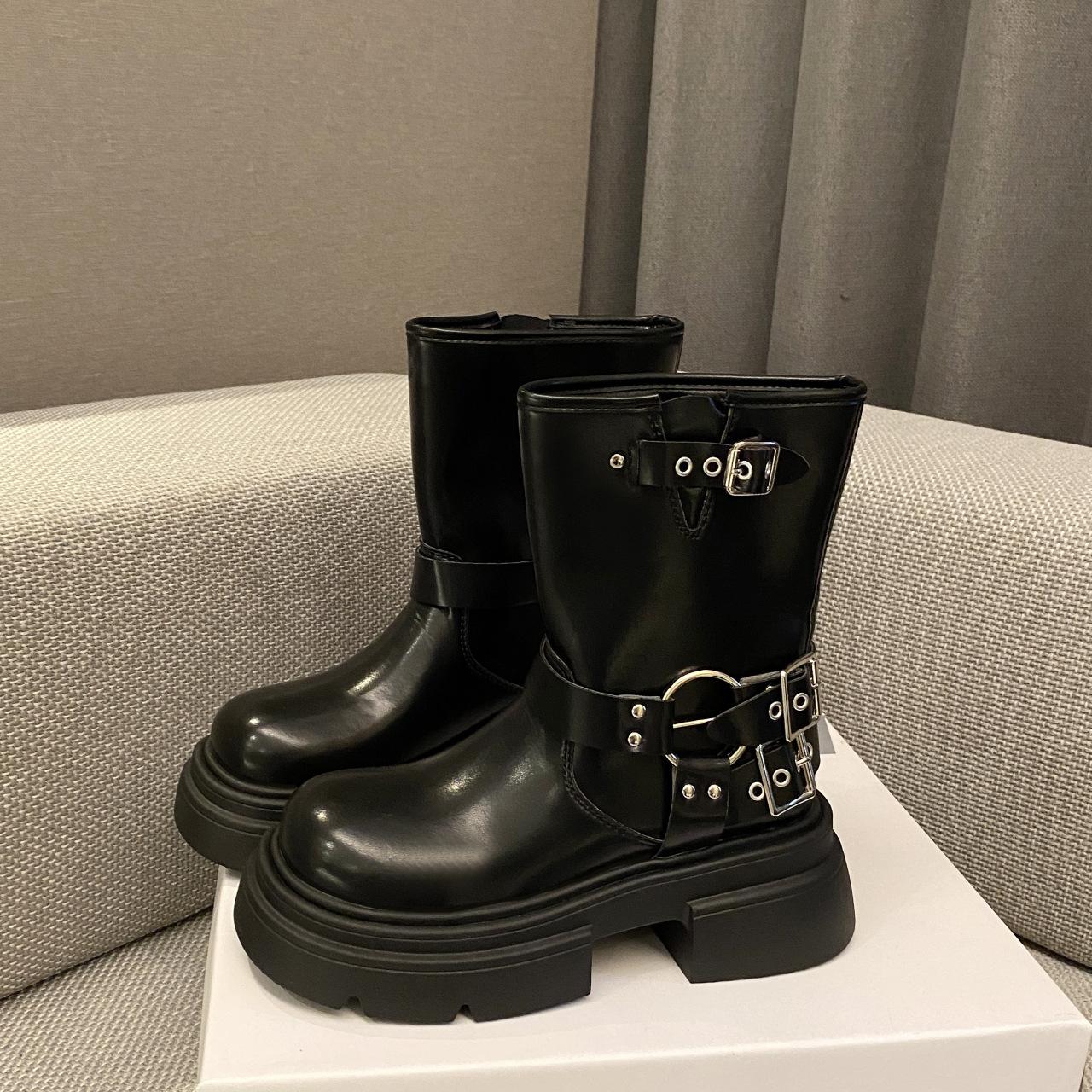 Thick-soled square-head black Martin boots women s autumn and winter retro mid-tube western cowboy boots 35 5328₽