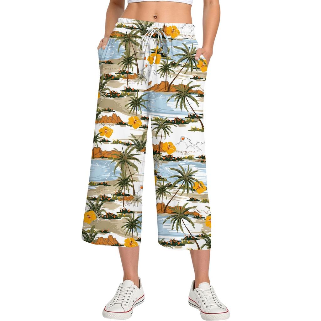 Pantalon d'été pour femme à taille haute, imprimé, décontracté, sportswear, pantalon court décontracté, pantalon ample