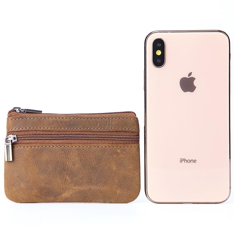 Women's Leather Coin Purse & Card Holder - Crazy Horse Leather Zippered Key Bag, Wear-Resistant Backpack Coin Storage
