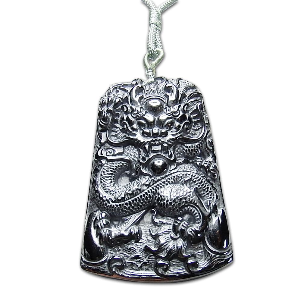 [Ishimachi] AAA High-Purity Terahertz Stone Feng Shui Rising Dragon Carved Large Pendant Top with Cord Necklace