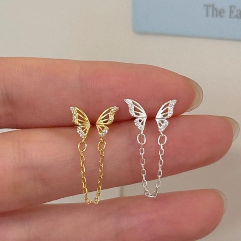 Tiny Sweet Tassel Butterfly Stud Earrings for Women Simple Korean Double Ear Hole Tassel Chain Earring Party Jewelry