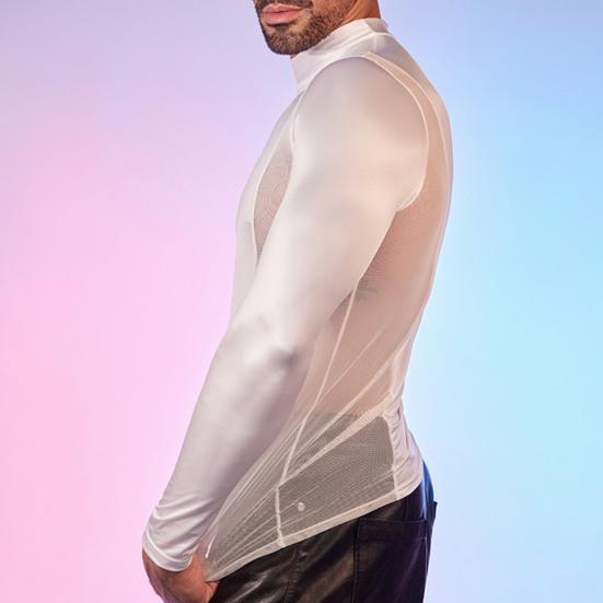 Men Sexy Mesh T-Shirt Oil Glossy Shiny Top Patchwork Tight-Fit Top Breathable Long Sleeve