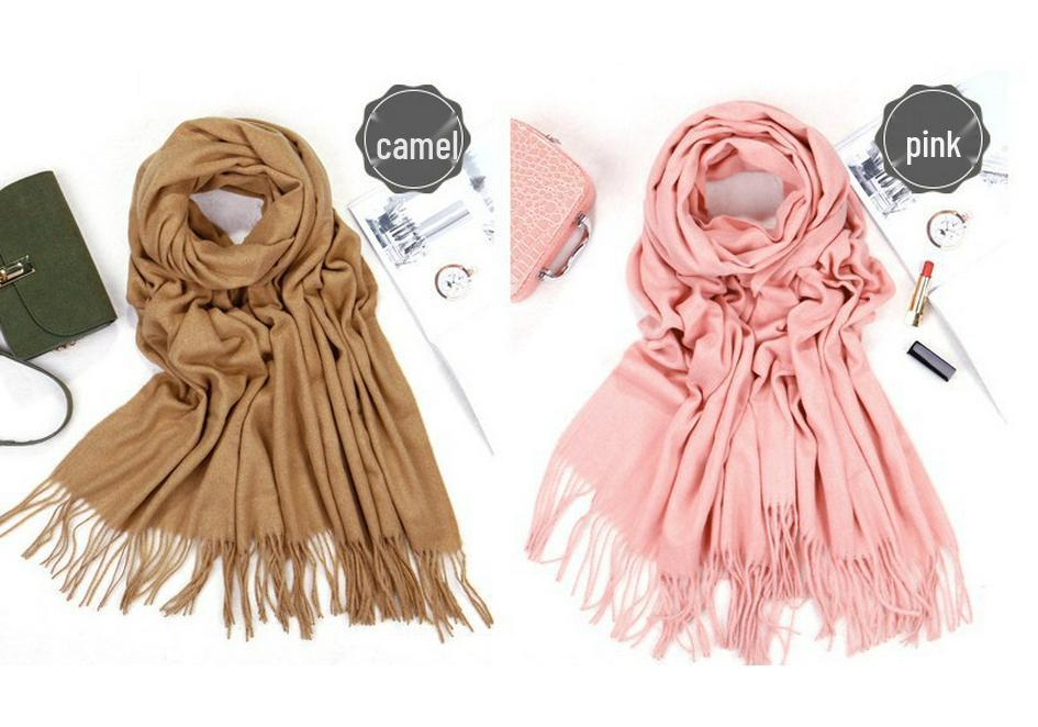 Wool and Cashmere Scarf: Gray Solid Color with Fur Trim, Warm Tassels for Autumn and Winter