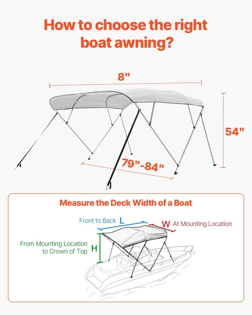 4-Bogen Boots-Bimini-Tops 96"L x(79"-84\")B x 54"H Markisenvordach Hellgrau