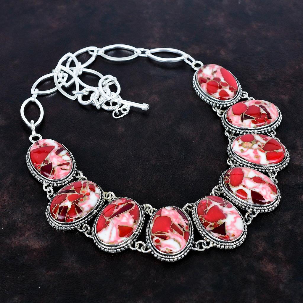 Kingman Red Mohave Copper Turquoise Gemstone Necklace 925 Sterling Silver Adjustable Chain Necklace Handmade Unique Jewelry Vintage Necklace
