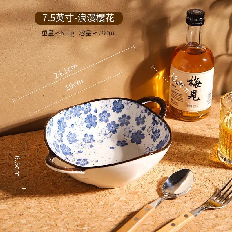 700ml Ceramic Salad Bowl With Handle Kitchen Soup Noodle Bowl Pasta Fruit Bowls Japanese Tableware Microwave Oven Bakware Pan