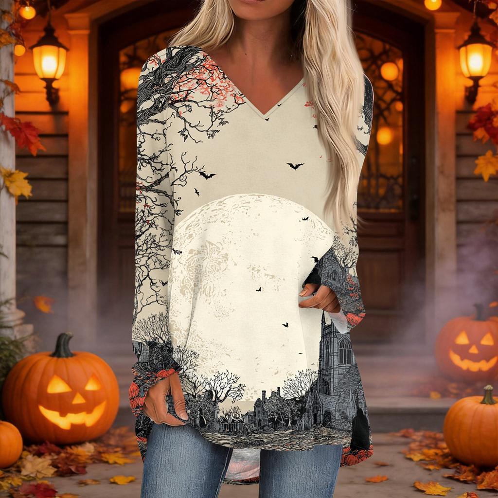 Women's Casual Long Sleeve V-Neck Print Mid-Length Tunic Top