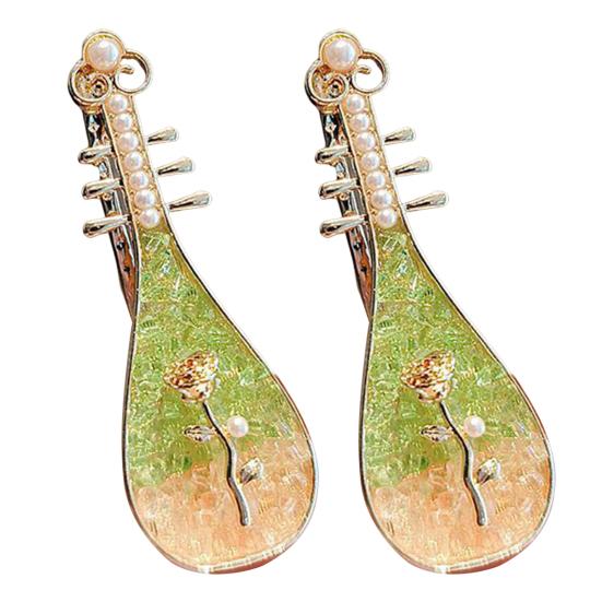 2Pcs Pipa Shape Hair Clips Chinese Style Floral Pattern Faux Pearls Decor Hairpins Festival Cosplay Hair Accessories