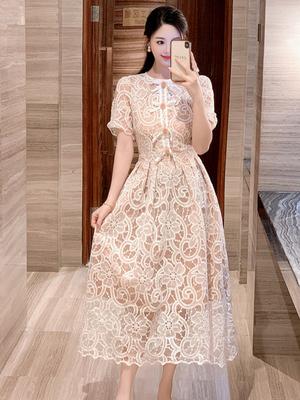 Summer New Elegant O-neck Short Sleeve Lace White Dresses  Women Bow Beaded Hollow Out Wedding Prom One Piece Dress Female