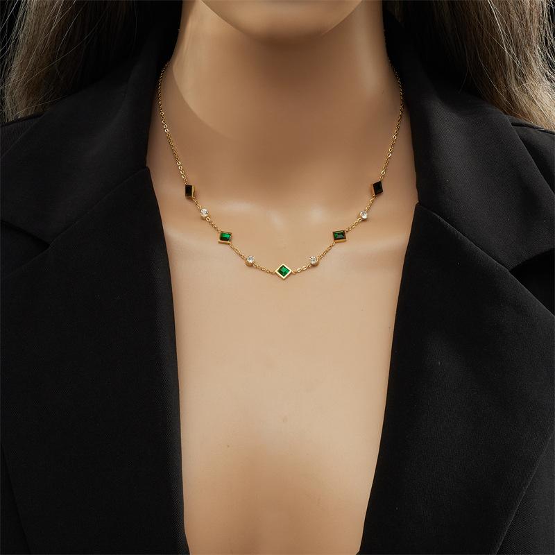 Gold Y-Necklace with Green Square Gems Clear Zircon, Dainty Pendant Necklace for Women Everyday Jewelry Gift