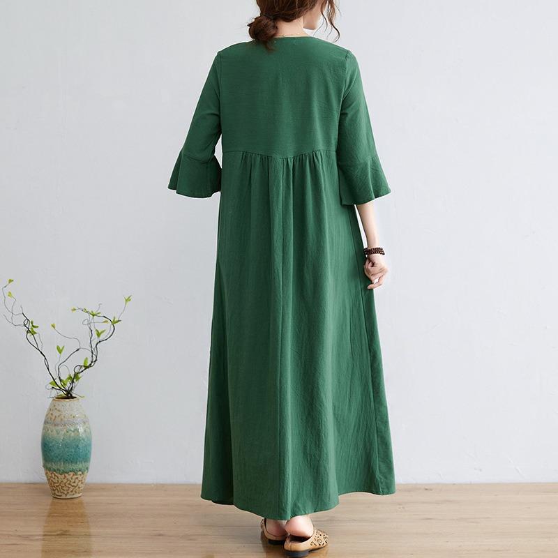 Real Shot Summer New Ethnic Style Loose Embroidery Flower Cotton and Linen V-neck Seven-quarter Sleeve Dress Women's Clothing