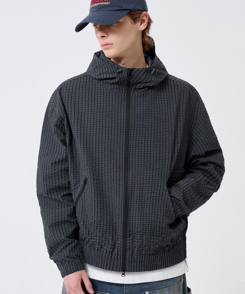 Trillion Check Pattern Hooded Zip-Up Windbreaker_Navy Black