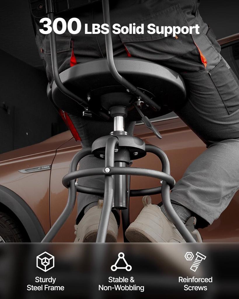 Shop Stool Adjustable Height Garage Work Seat 300 lbs Load with Backrest