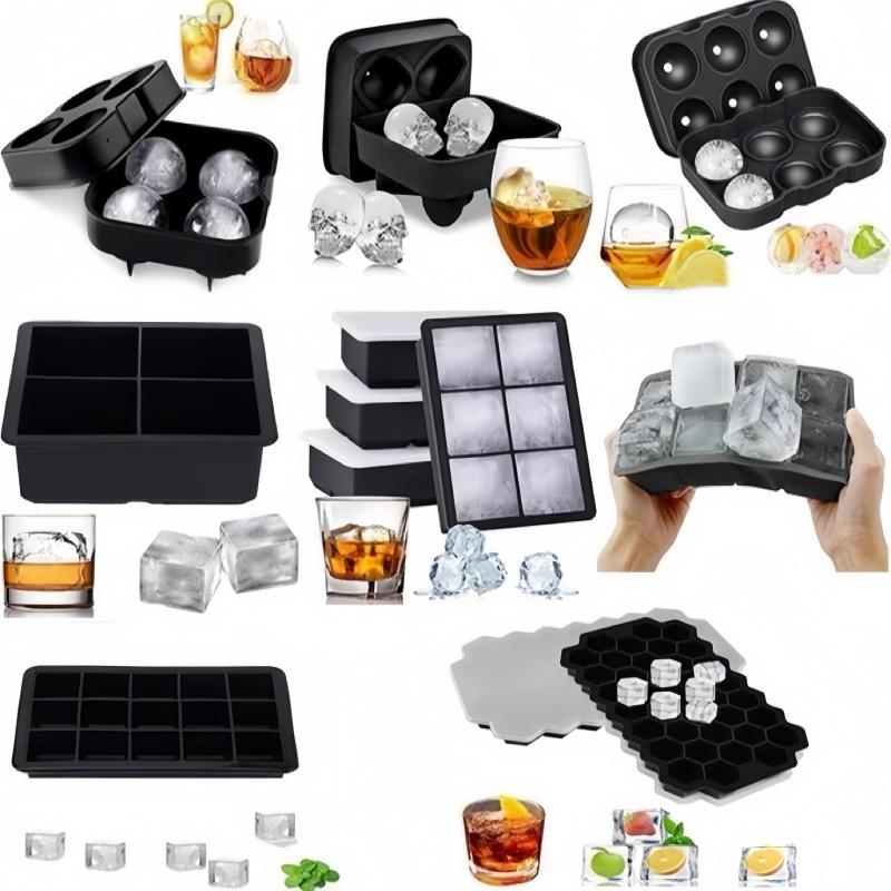 Silicone Ice Cube Mold Set: Long Strip, 6 Squares, 6 Balls, 15 Grids, 37 Grids, Skull Shapes with Lid.