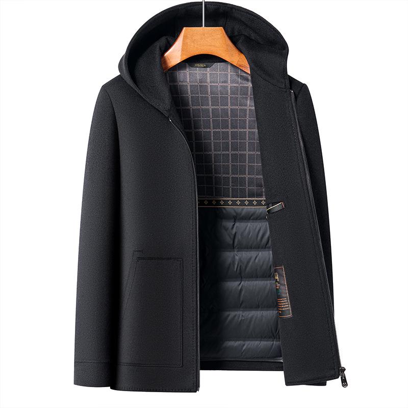 Men's Wool Overcoat with Detachable Down Liner and Hoodie - Double-Faced for Autumn and Winter Warmth