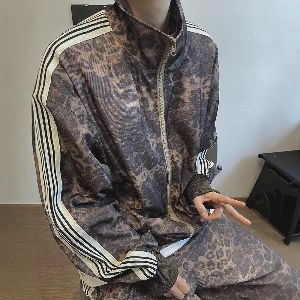 Men's Retro Leopard Print Sports Jacket - Trendy Spring/Autumn Zipper Striped Casual Wear