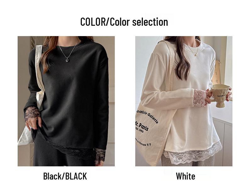 Weißes Damen-Langarmshirt mit Rundhalsausschnitt und Spitzenfutter – Herbst/Winter, figurbetont, mittellang, tragbarer Überwurf