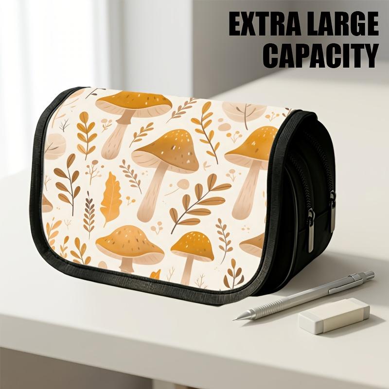 1pc Double Layer Flip Pencil Case, Autumn Mushroom Pattern, Large Capacity, Portable Polyester Pen Storage Bag with Zipper Closure, Ideal for School &