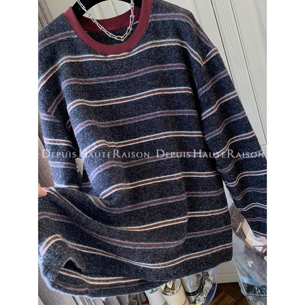Plus Size Striped Long Sleeve Fluffy T-Shirt for Women - Cozy Winter Casual Wear