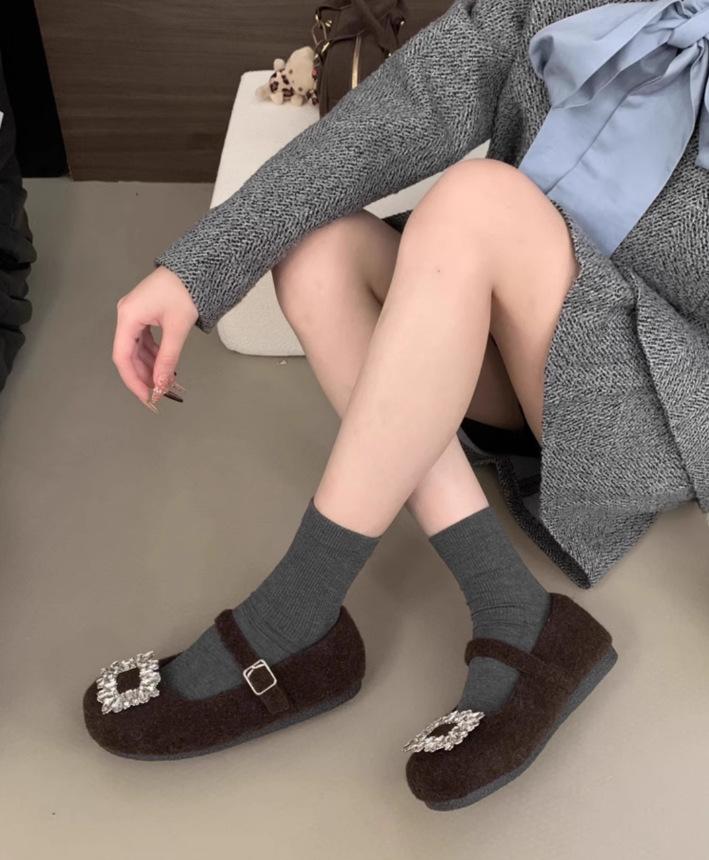 Inner Heightening Women's Shoes Temperament Mary Jane Shoes 2025 Spring and Autumn New French Square Head Rhinestone Shoes