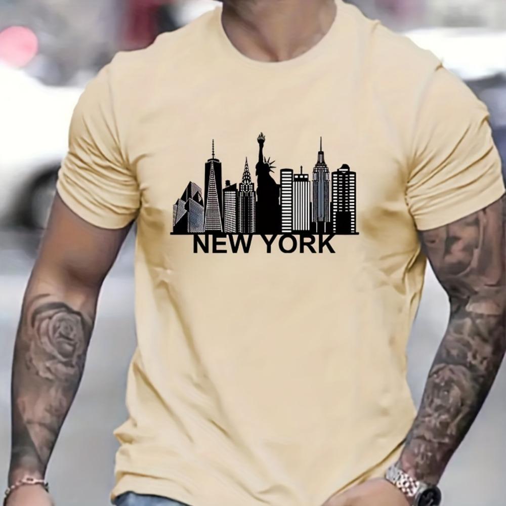 Cotton Men's New York City Pattern Printed Fashionable Casual Loose Sports Round Neck Short Sleeved T-shirt Top