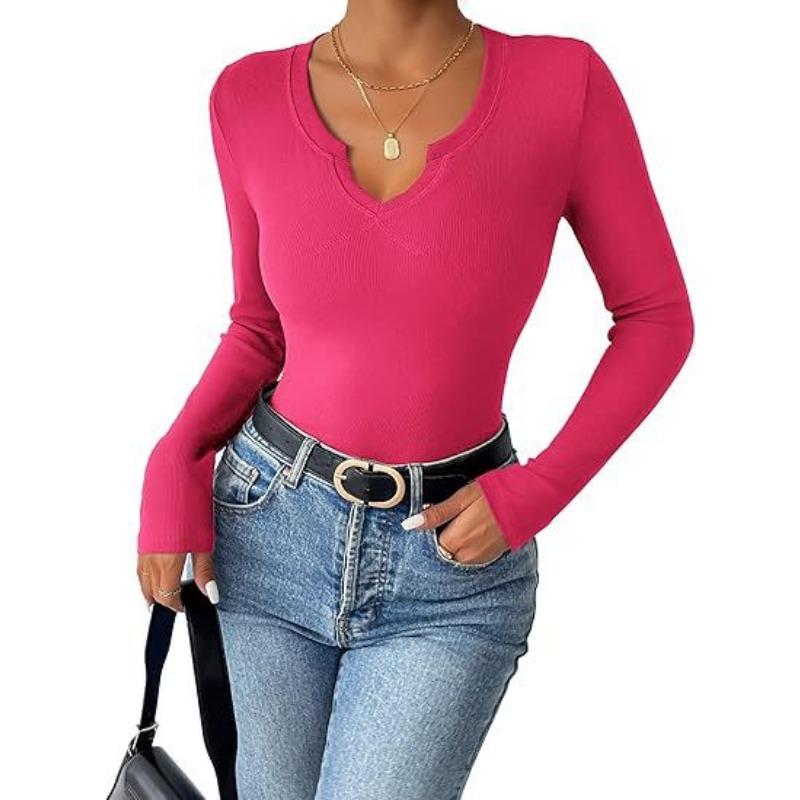 

Женская блузка с глубоким U-образным вырезом и длинными рукавами в полоску XXL розы красного