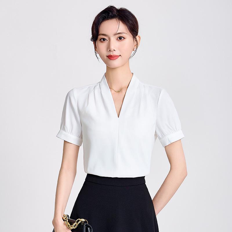 Women's Short-Sleeve V-Neck White Chiffon Blouse - Professional Summer Formal Wear