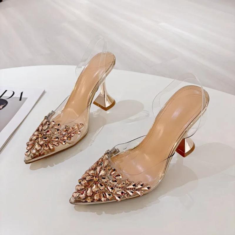 Summer Women's High Heels Pointed Rhinestones Transparent Sexy Wine Glass Heels Fashionable All-match Closed Toe Sandals