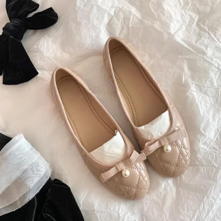 Miss Yuanlitong Huayang~ Pearl bow single shoes flat-soled high-end diamond flat-soled single shoes women's ballet shoes