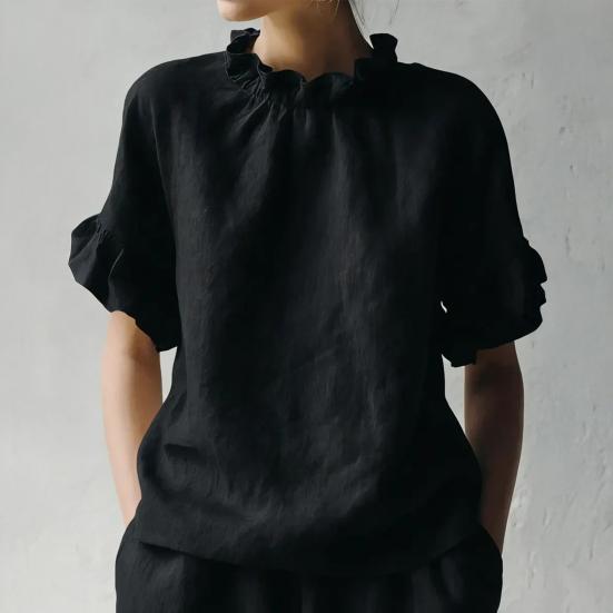Damen Oberteile Einfarbige Lockere Passform Sommerbluse Rundhalsausschnitt Kurze Ärmel Rüschen-Patchwork-Design Pullover Oberteile Tägliche Kleidung