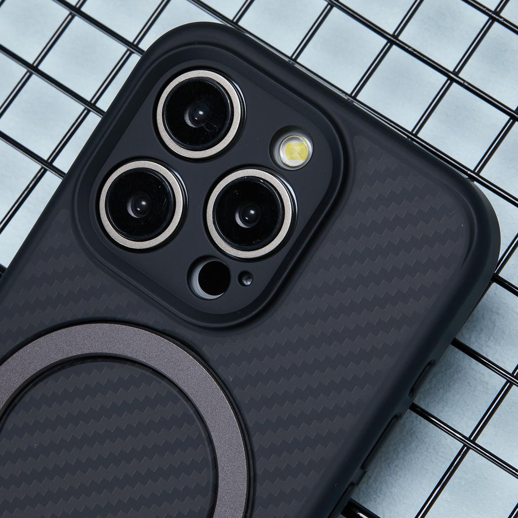 For iPhone 15 Pro Case Hidden Magnetic Kickstand TPU+PC Phone Cover Carbon Fiber Texture