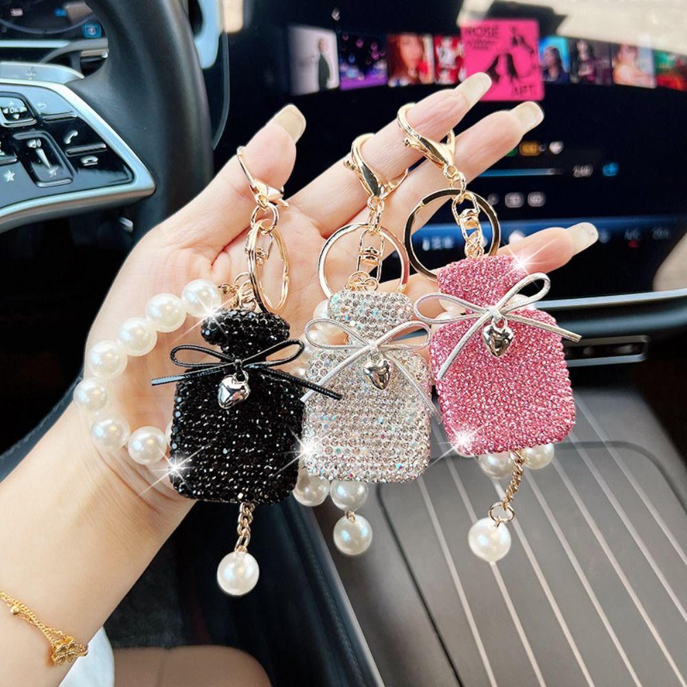 Pearls Perfume Shape Keychain Rhinestone Inlaid Perfume Shape Keyring  Fashion Accessory