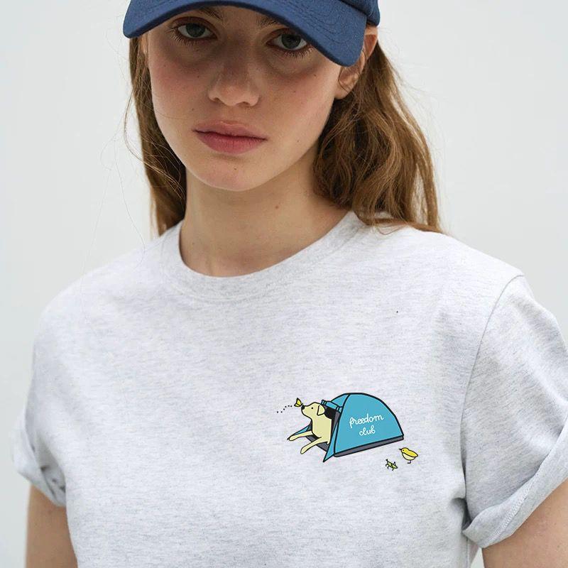 American Retro Sports Style Cartoon Camping Puppy Printed Pure Cotton round Neck Short Sleeve Shoulder T-shirt for Women