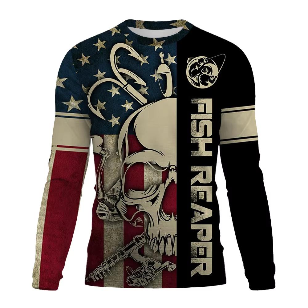 Spring and Autumn Round Neck 3D Fishing Printed T-shirts Fashionable Casual Long Sleeved Men's T-shirts