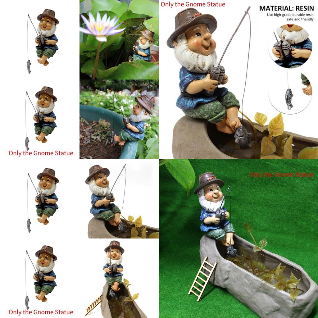 Gnome Statue Garden Pot Ornaments Fishing Fisherman Resin Craft Outdoor Dwarf