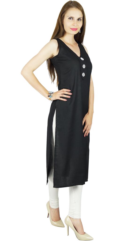 Bimba Women Sleeveless Rayon Tunic Kurti Straight Kurta Casual Indian Blouse