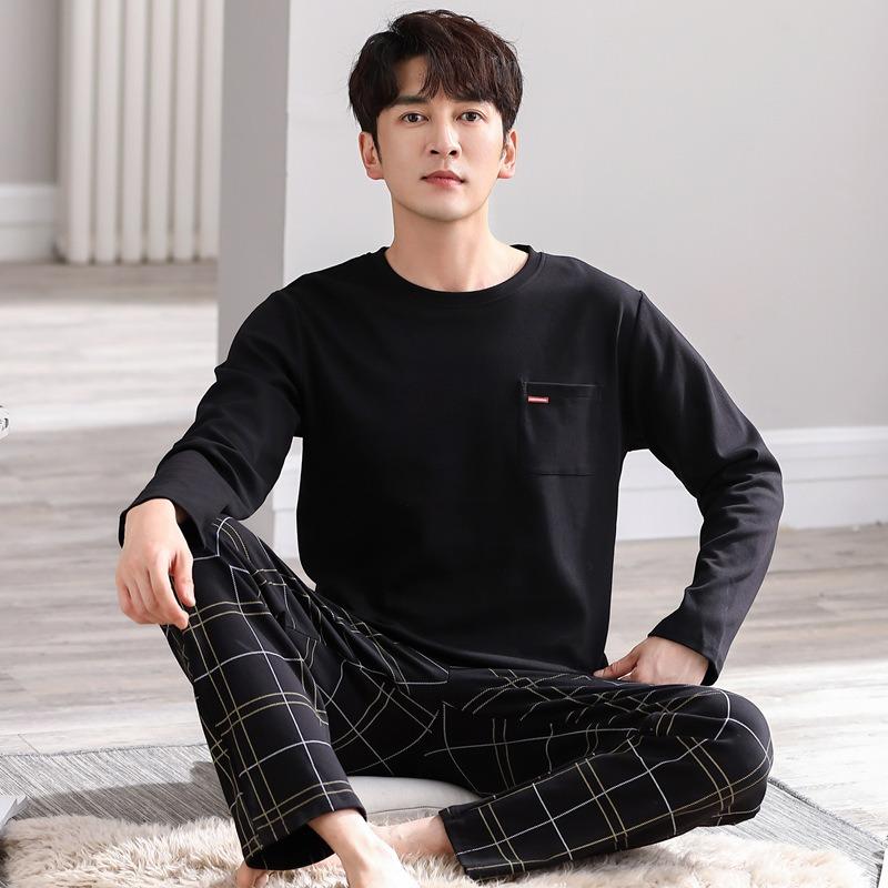 Cotton Men's Pajamas Long Sleeve Top and Plaid Pants Spring and Fall Loose Home Decor Simple Casual Comfortable Cartoon Pajamas