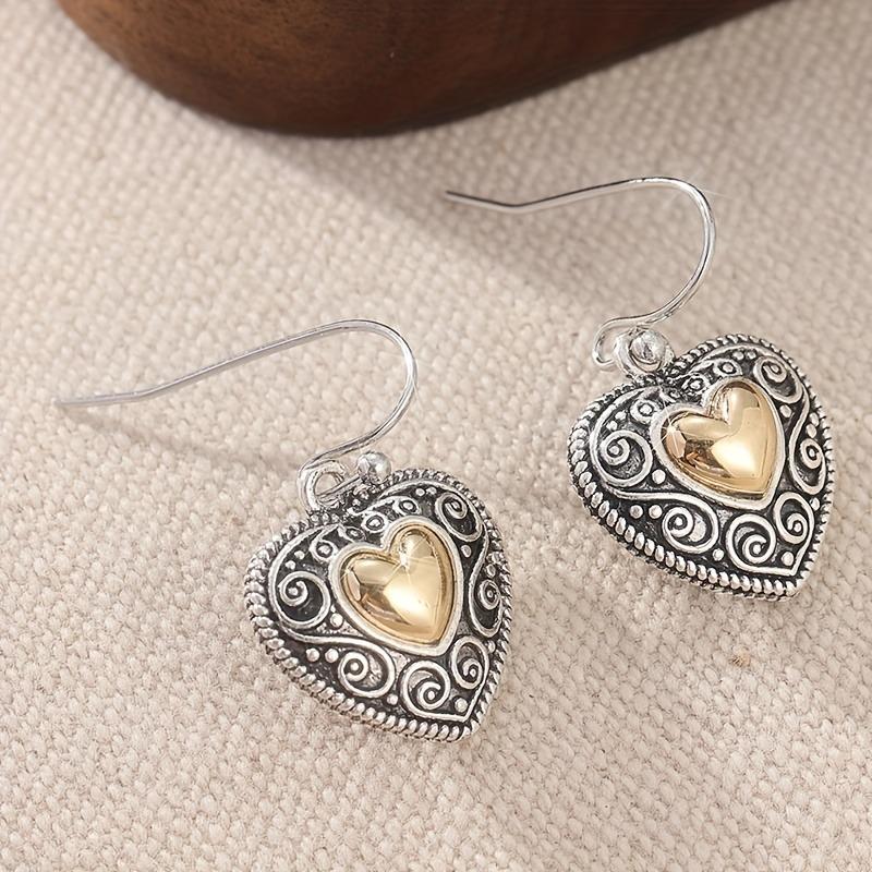 Vintage Heart-shaped Material Craftsman Carved Texture Earrings for Women, Bohemian Style Two Tone Heart-shaped Pendant Earrings