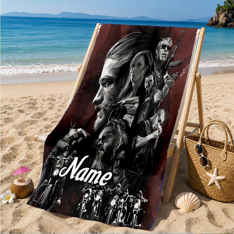 Custom Name Biker Club Anarchy Heart In Space Adventure Microfiber Beach Towel, Lightweight for Summer Travel, Swimming Pool Fan Gift