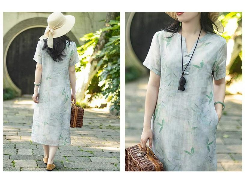 V-neck A-line Dress with Literary Bamboo Leaf Print and Frog Buttons