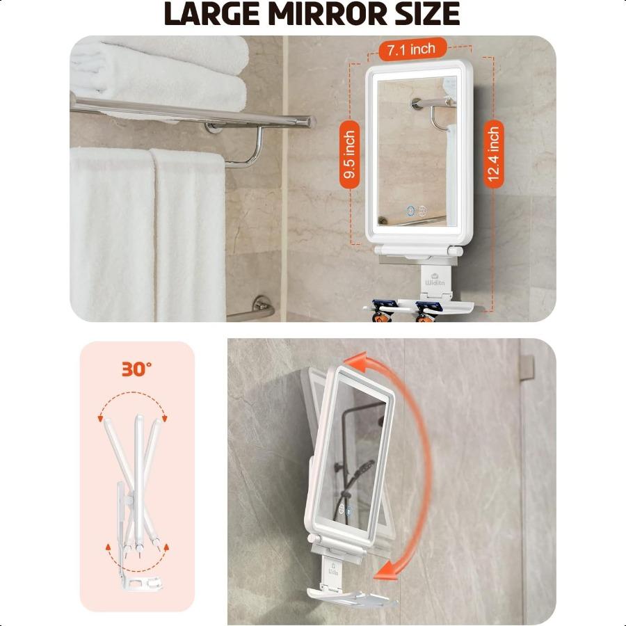 Heated Shower Mirror Fogl for Shaving 3 Color Dimmable Lights Shower Mirror Fogl Rechargeable AntiFog Shaving Mirror with Razor