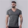 Plain Cotton Gym T-shirt Men Summer Fitness Clothing V-Neck Short Sleeve T Shirt Slim Fit Tshirt Bodybuilding Workout Tees Tops