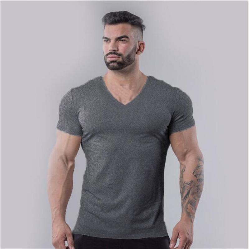 Plain Cotton Gym T-shirt Men Summer Fitness Clothing V-Neck Short Sleeve T Shirt Slim Fit Tshirt Bodybuilding Workout Tees Tops