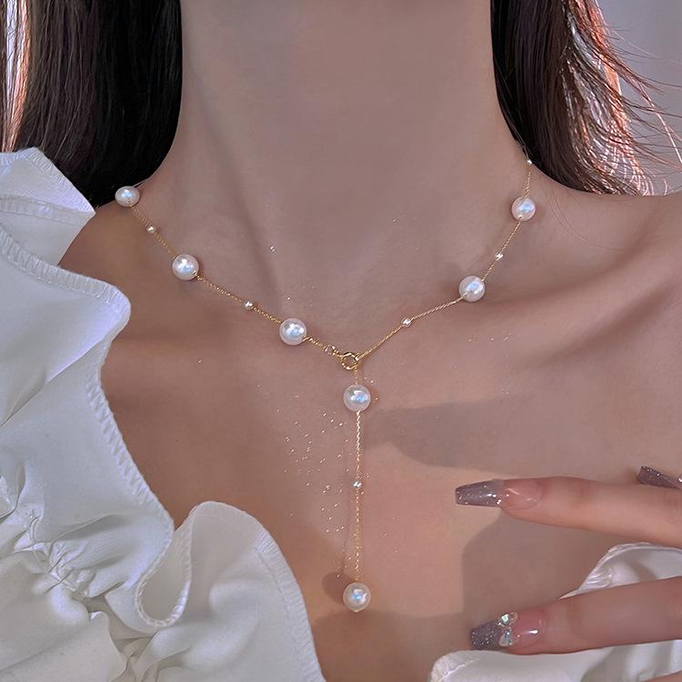 

Elegant Pearly Tassel Y-Necklace: French Baby s Breath Choker for Women - Spring/Summer