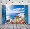 Santorini Island Traditional Architecture Flowers Aegean Sea Window Scenery Background Theme Birthday Party Decorations Wedding